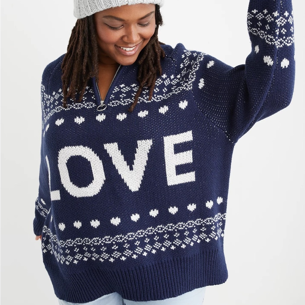 Aerie Festive Quarter Zip LOVE Sweater